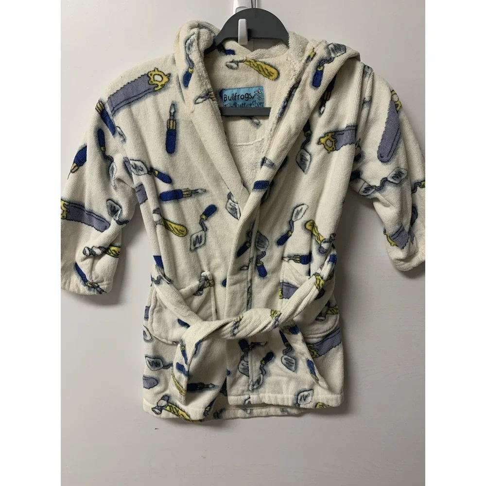 Bullfrogs & Butterflys Boys Tools Robe White Med Belt Pockets Hood Terry Cloth